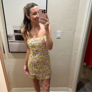 Lush Yellow Floral Mini Dress with Pink & White Blooms